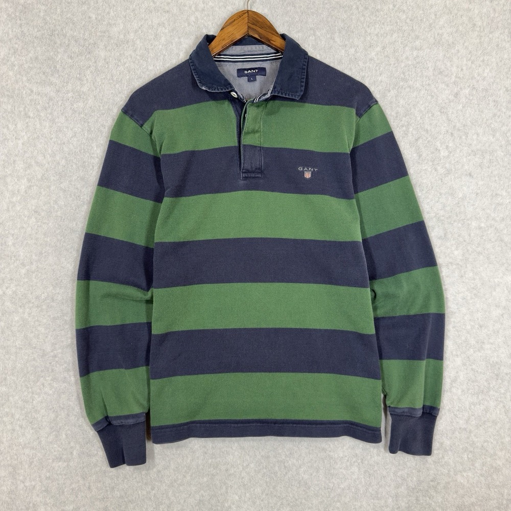 Gant Rugby Polo Mens Large Navy Blue Green Striped Long Sleeve Old Money Yacht